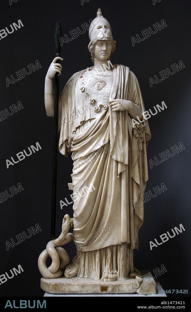 The Athena Giustiniani or Giustiniani Minerva. Parian marble. Antonine Roman copy of a Greek statue of Pallas Athena. 2nd century. Braccio Nuovo. Chiaramonti Museum. Vatican Museums. Vatican City.