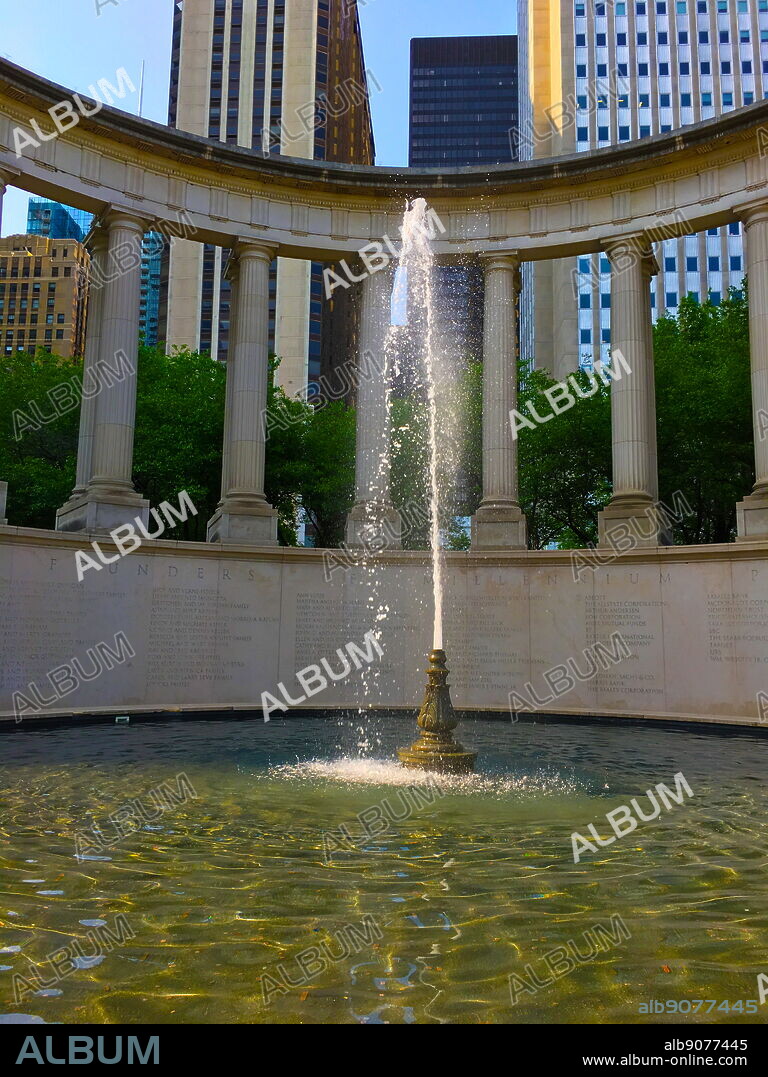 Millennium Monument Peristyle at Wrigley Square in Chicago. The Millennium Monument is in a Limestone Peristyle sculpture. Dated 21st Century.