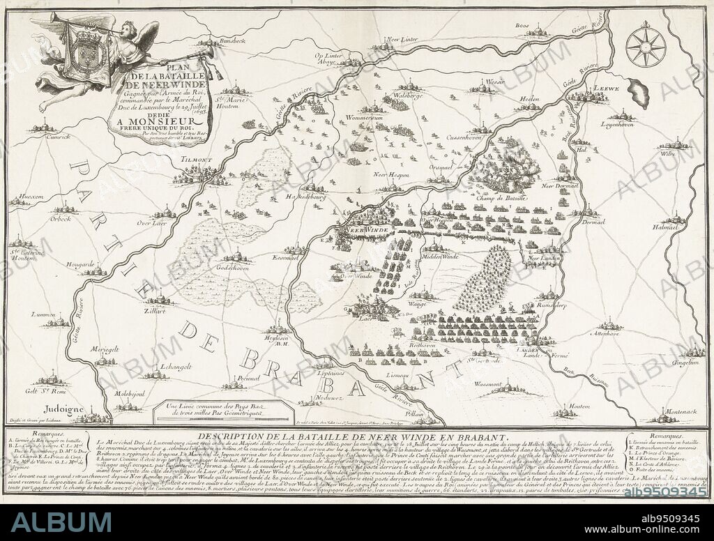 Map of the ve battle at Landen (Neerwinden) between the Allies under King William III and the French under the Duke of Luxembourg, July 29, 1693. Top left the Fame with the title on a canvas on a trumpet. In the caption ten lines in French. Map of the Battle of Landen, 1693 Plan de la Bataille de Neerwinde Gagn, print maker: Henri Liébaux fils, (mentioned on object), intermediary draughtsman: Henri Liébaux fils, (mentioned on object), publisher: Vallet, (mentioned on object), print maker: France, publisher: Paris, 1693, paper, etching, h 320 mm × w 435 mm.