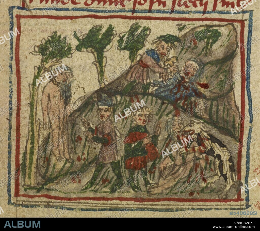 Manuscript illustration of man being hanged. Travel journal. Travels of Sir John Mandeville. Germany. TRAVELS of Sir John de Mandeville, translated into German by Otto  von Diemeringen, Canon of Metz. Vellum and paper, 15th cent.;  with coloured drawings. Source: Add. 17335 f.43 (det). Language: German.