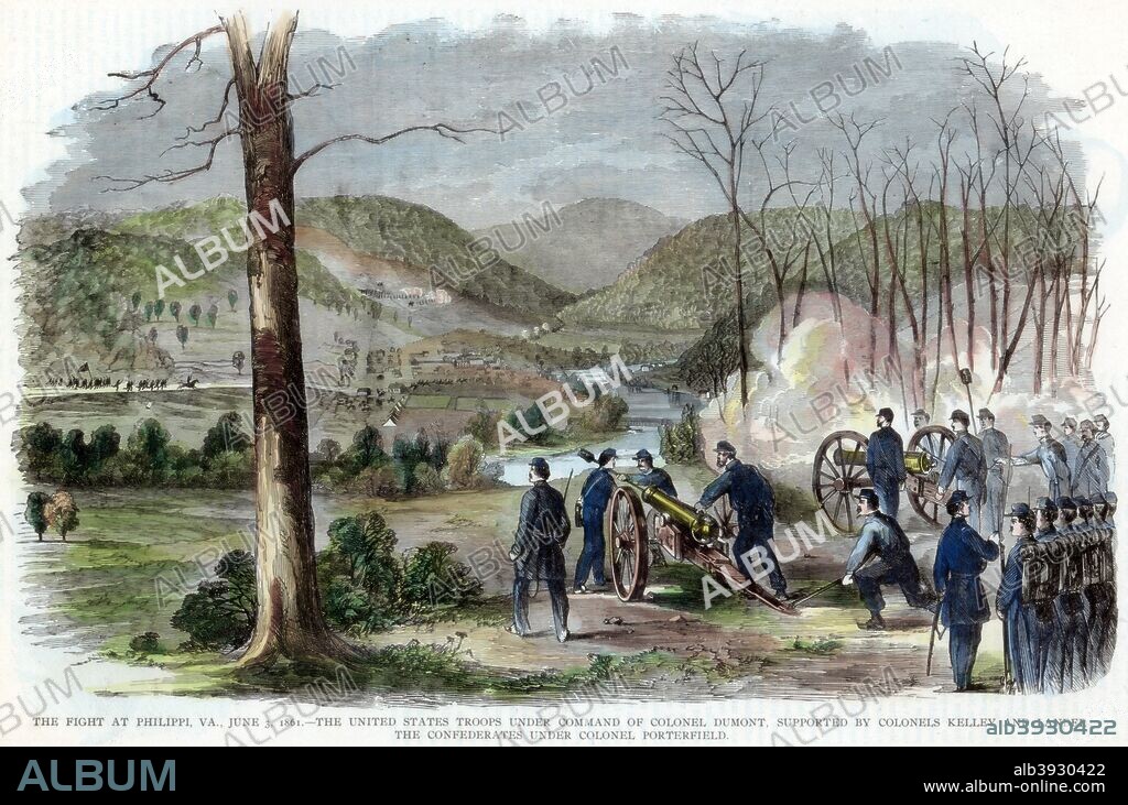 Battle of Philippi, West Virginia, American Civil War, 3 June, 1861. Union troops under the command of Colonel Ebenezer Dumont, supported by Colonels Benjamin Franklin Kelley and Frederick W Lander, firing on the Confederates under Colonel George A Porterfield. Philippi was the first organised land battle of the war, although its significance is disputed, with some historians dismissing it as a skirmish mockingly named 'The Philippi Races'.