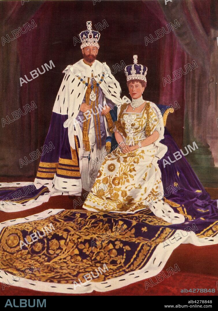 W&D DOWNEY. 'Their Majesties King George V and Queen Mary in their coronation robes', 1911, (1951). George V (1865-1936) and Mary of Teck (1867-1953) of the United Kingdom. From "The Queen Mother", by Marion Crawford ("Crawfie"), governess of Princess Margaret and Princess Elizabeth (the future Queen Elizabeth II). [George Newnes Limited, London, 1951].