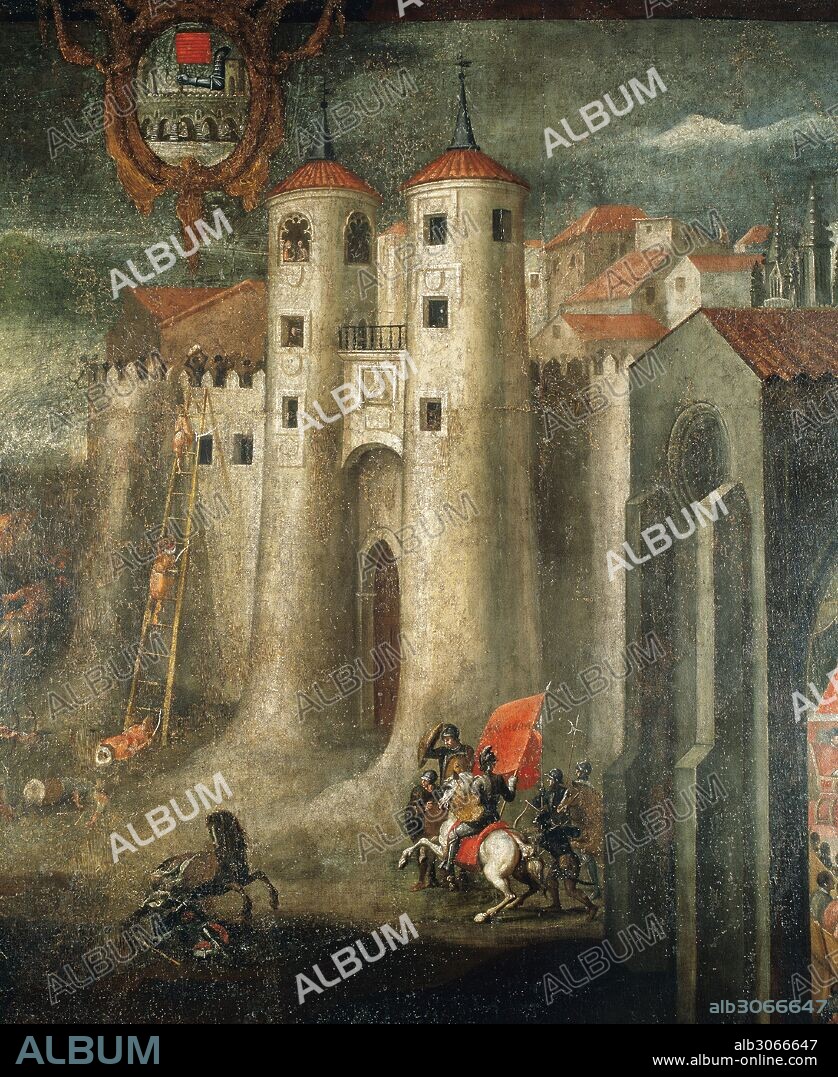 HISTORIA PENINSULA IBERICA. EPOCA RECONQUISTA. EDAD MEDIA. "DEFENSA DE LAS MURALLAS DE LA CIUDAD DE ZAMORA. LUCHA ENTRE TROPAS CRISTIANAS Y SARRACENOS. AÑO 1062". Traslación de Nuestra Señora de San Antolín a Zamora por los palentinos. (Siglos XVII-XVIII). Oleo sobre lienzo. 190 x 270 cm. Detalle. Parroquia de San Vicente (Zamora). Castilla-León. España.