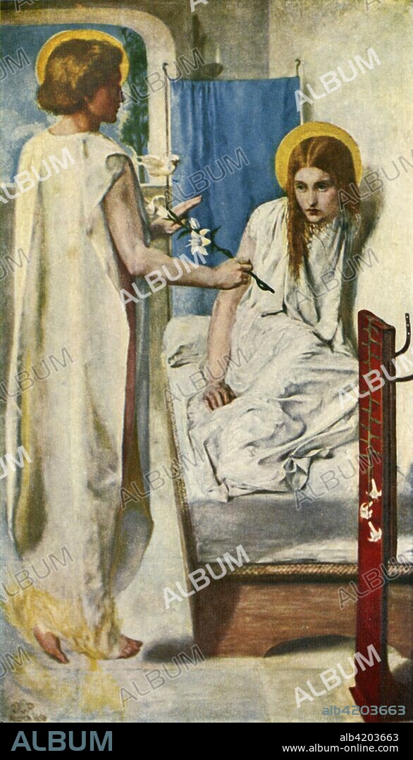 'Ecce Ancilla Domini', 1849-1850, (c1912). 'Ecce Ancilla Domini! (The Annunciation)', painting in the Tate Gallery, London. British poet, illustrator, painter and translator Dante Gabriel Rossetti (1828-1882) founded the Pre-Raphaelite Brotherhood in 1848 with William Holman Hunt and John Everett Millais. Rossetti drew extensively on medieval influences, and particularly the work of his namesake, the Italian writer and poet Dante Alighieri. He married his model Elizabeth Siddal who sat for ?Beata Beatrix?, painted a year after her death. He later became a founding partner in the decorative arts firm, Morris, Marshall, Faulkner & Co, developing a relationship with William Morris? wife Jane who became one of his ?muses?. Illustration from Rossetti - Masterpieces in Colour, by Lucien Pissarro. [TC & EC Jack, Frederick A Stokes Co,  London & New York, c1912].