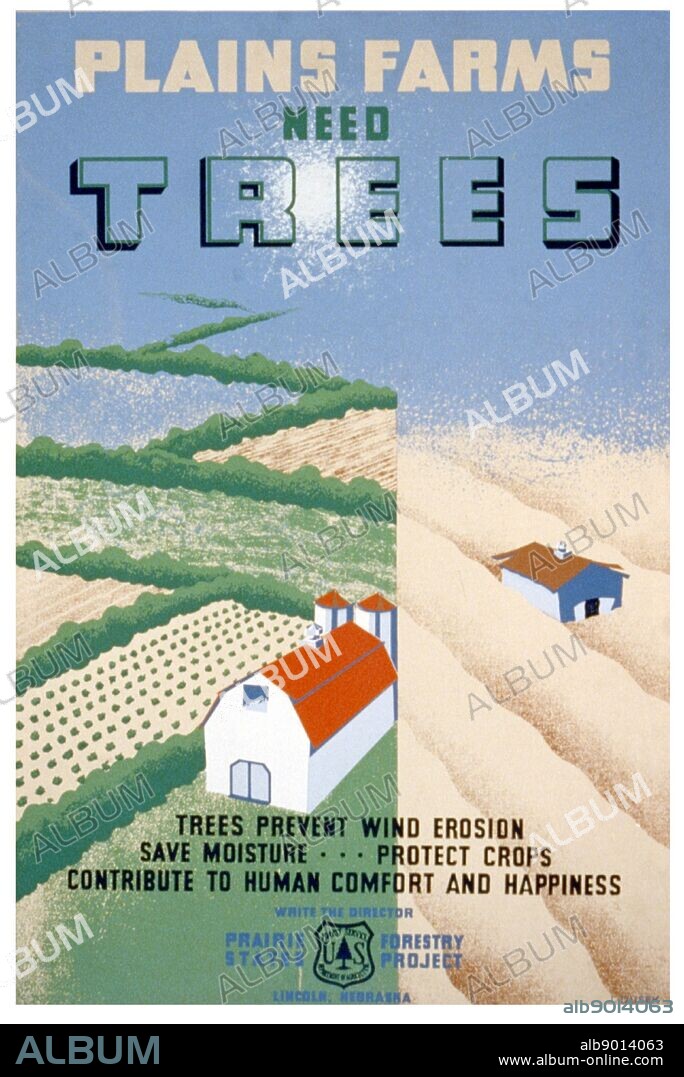 Plains farms need trees Trees prevent wind erosion, save moisture ... protect crops, contribute to human comfort and happiness. poster by Joseph Dusek. Federal Art Project Poster encouraging planting trees as a method of soil conservation. 1938.