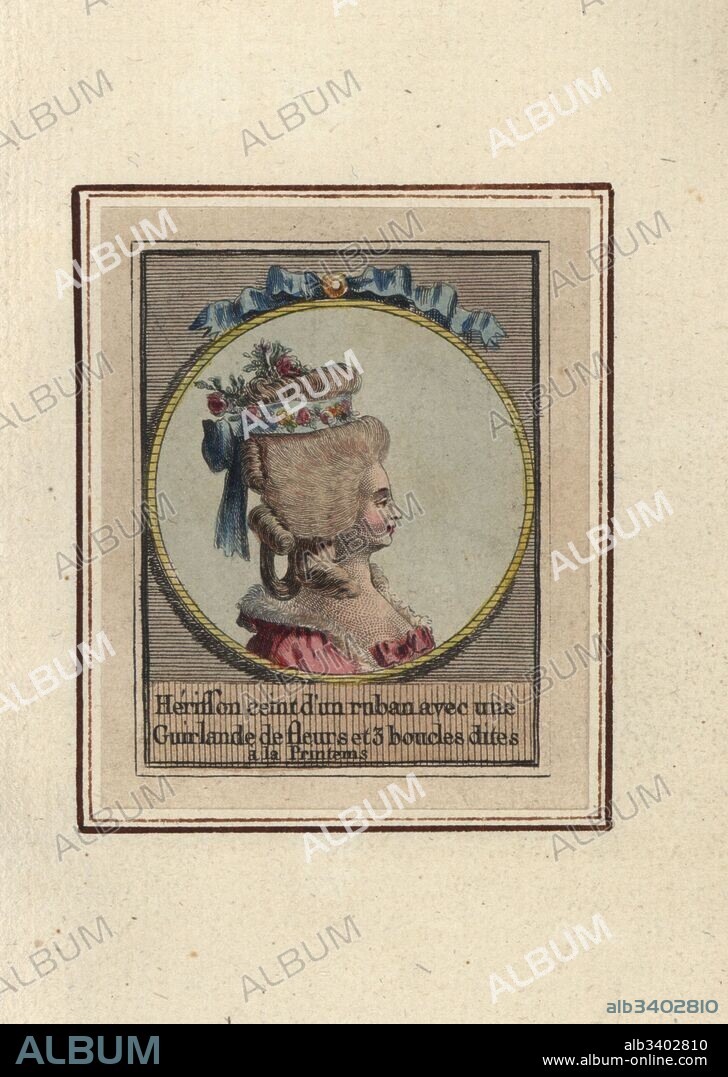 Hedgehog hairstyle tied with a ribbon decorated with a garland of flowers and three large curls entitled Spring. Herisson ceint d’un ruban avec une Guirlande de fleurs et 3 boucles dites a la Printemps. Handcoloured copperplate engraving by an unknown artist from an Album of Fashionable Hairstyles of 1783, Suite des Coeffures a la Mode en 1783, Esnauts et Rapilly, Paris, 1783.