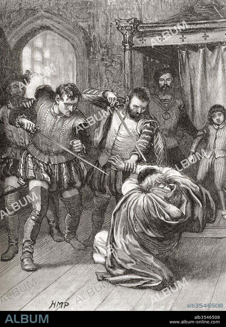 The assassination in 1546 of Cardinal Beaton, by Norman Leslie, master of Rothes and William Kirkcaldy of Grange. David Beaton, c.1494 – 1546. Archbishop of St Andrews and Cardinal. From The Century Edition of Cassell's History of England, published 1901.