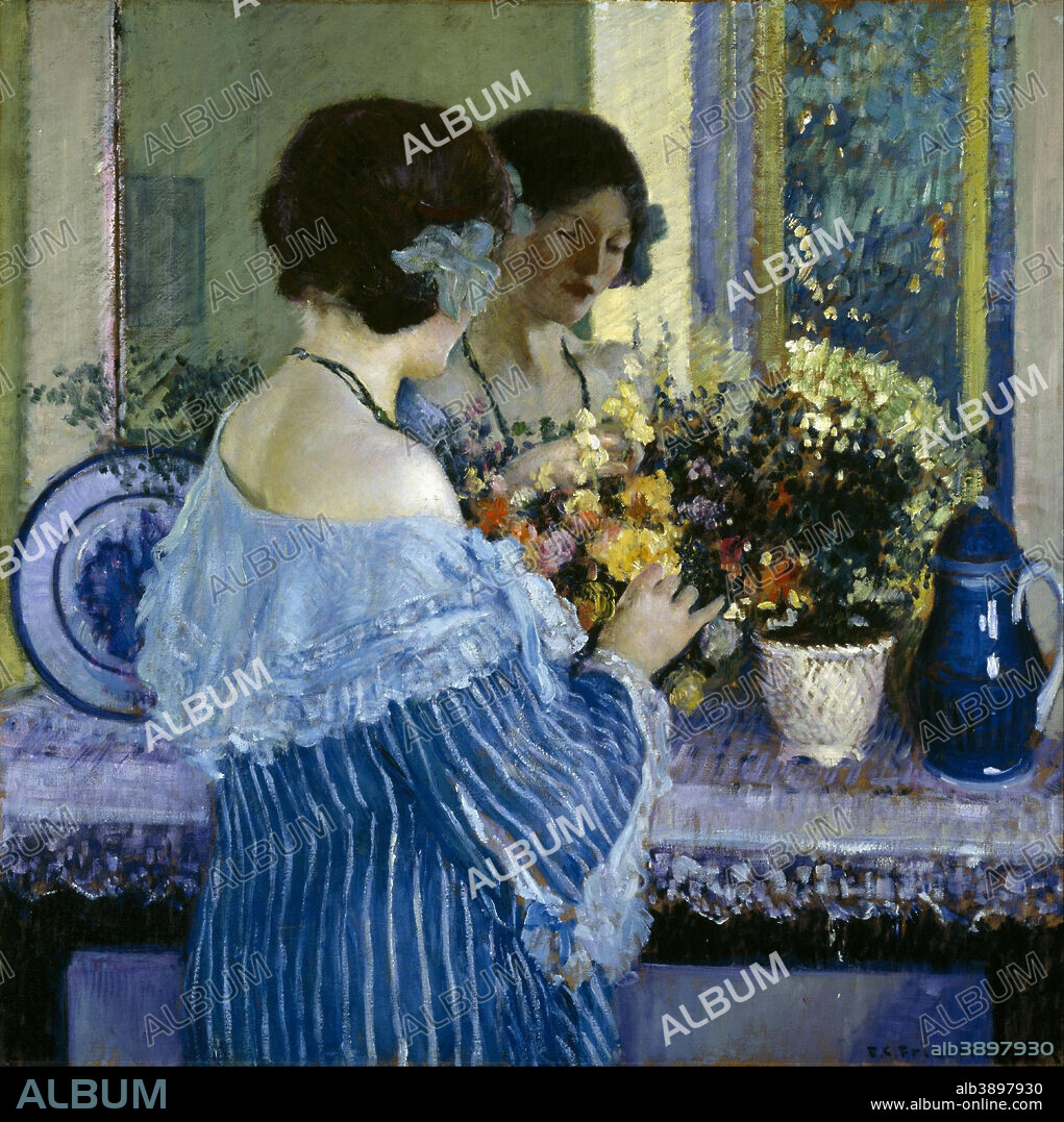 FREDERICK CARL FRIESEKE. Girl in Blue Arranging Flowers. Date/Period: 1915. Painting. Oil on canvas. Width: 81 cm. Height: 81.5 cm (without frame).