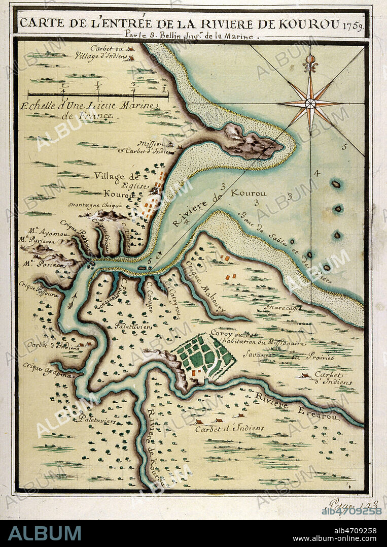 Carte de l'entree de la riviere de Kourou en 1759 pour la Description geographique de la Guiane par le Chevalier Jacques-Nicolas BELLIN (1703-1772) ingenieur hydrographe et cartographe , publiee en 1761. Sorte de carnet de voyage, releve topologique, XVIIIeme siecle, 18e , 18eme siecle. Credit : Collection JEAN VIGNE/ KHARBINE-TAPABOR.