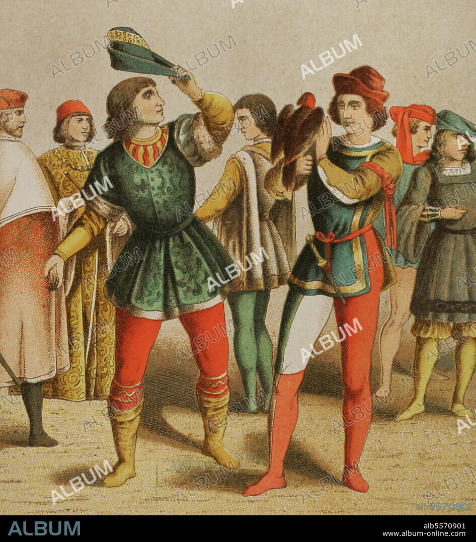De izquierda a derecha: Noble veneciano, podestà, jóvenes italianos, paje y joven italiano. Cromolitografía. "Historia Universal", por César Cantú. Tomo VI. Publicado en Barcelona, 1885.