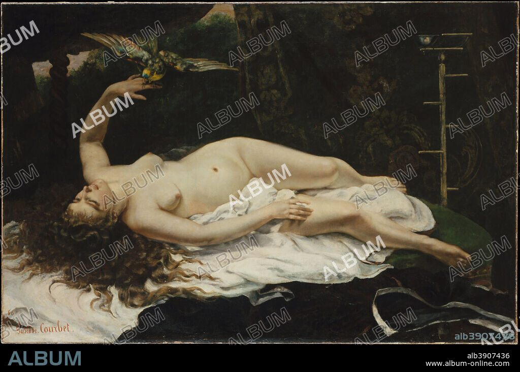 GUSTAVE COURBET. Woman with a Parrot. Date/Period: 1866. Painting. Oil on canvas. Height: 129.5 cm (50.9 in); Width: 195.6 cm (77 in).