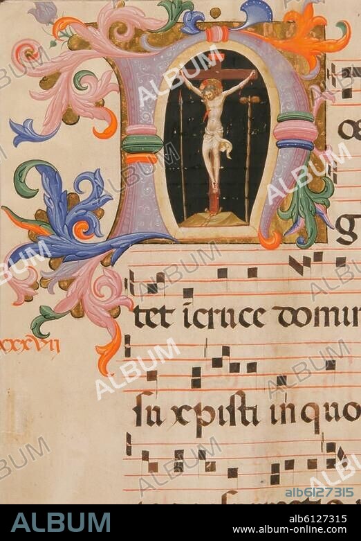 Fra Angelico, real name Fra Giovanni da Fiesole; 1387-1455.-Initial letter "N" with Christ on the Cross.-Illumination on parchment. From a choir book, Missale 558, fol.45 v,.