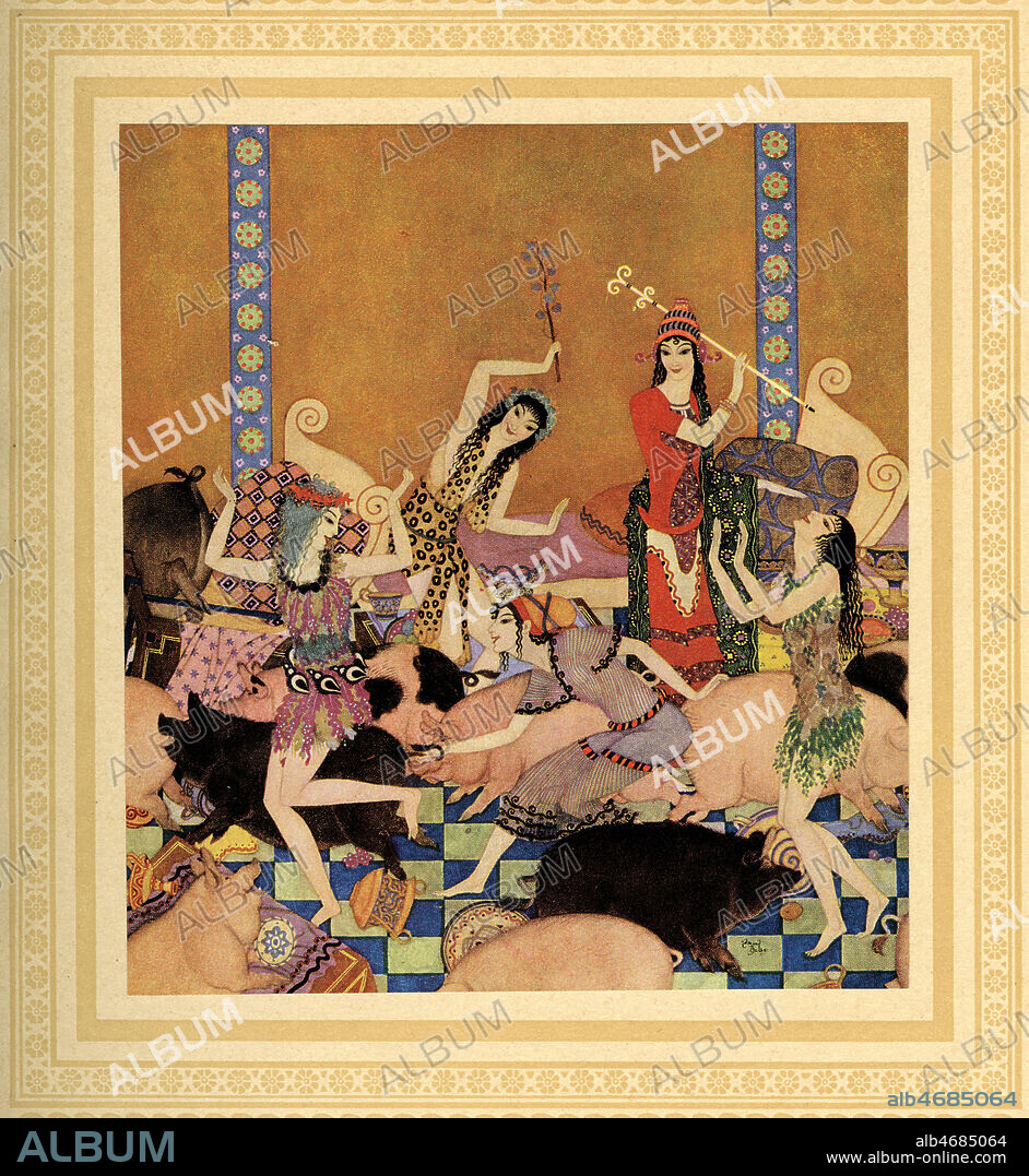 L'Odyssee d'HOMERE, les aventures d'ULYSSE et de ses compagnons. La Magicienne CIRCE transforme Ulysse et ses amis en cochons. In la Toison d'Or et autres histoires mythologiques.Illustration de Edmond DULAC (1882-1953 = ADAGP) debut XXeme siecle. Credit Collection privee/ KHARBINE TAPABOR.