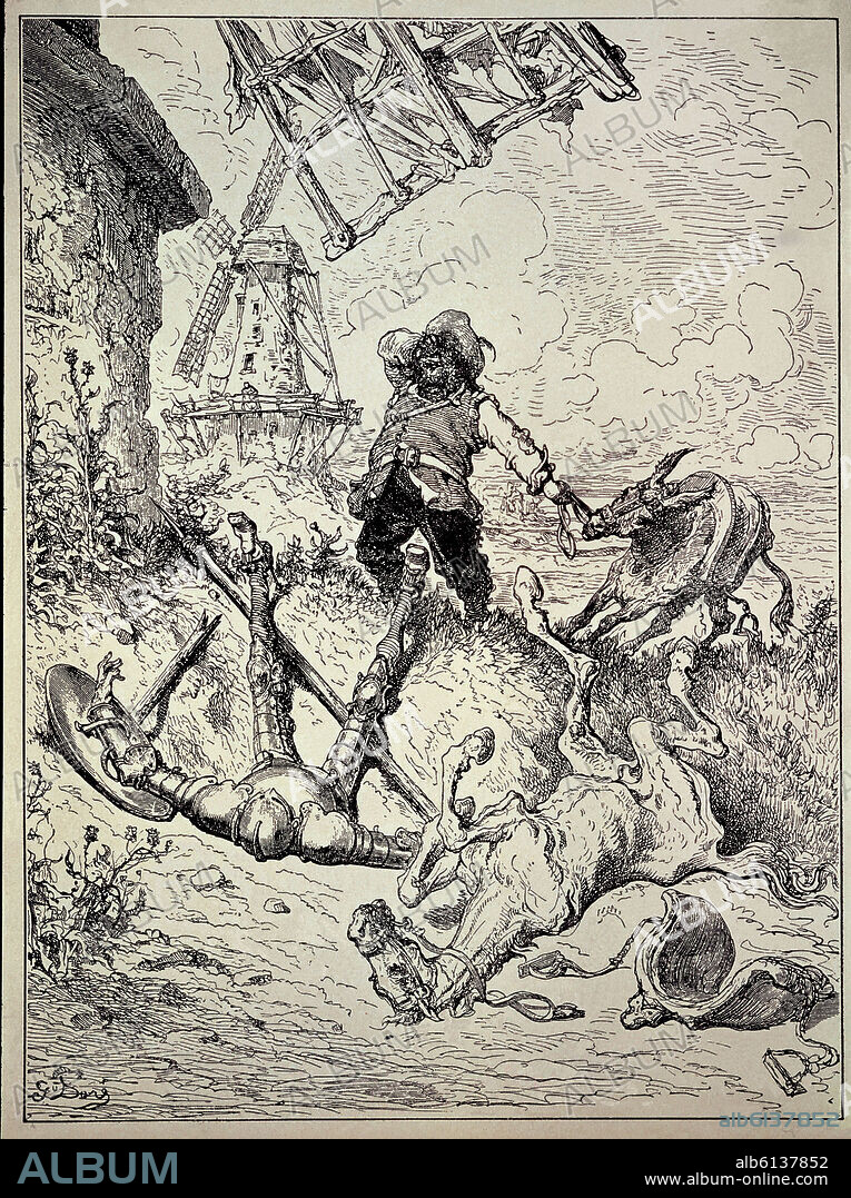 GUSTAVE DORE (1832-1883). Don Quixote and the Windmills, from 'Don Quixote de la Mancha' engraved by Heliodore Joseph Pisan - engraving.