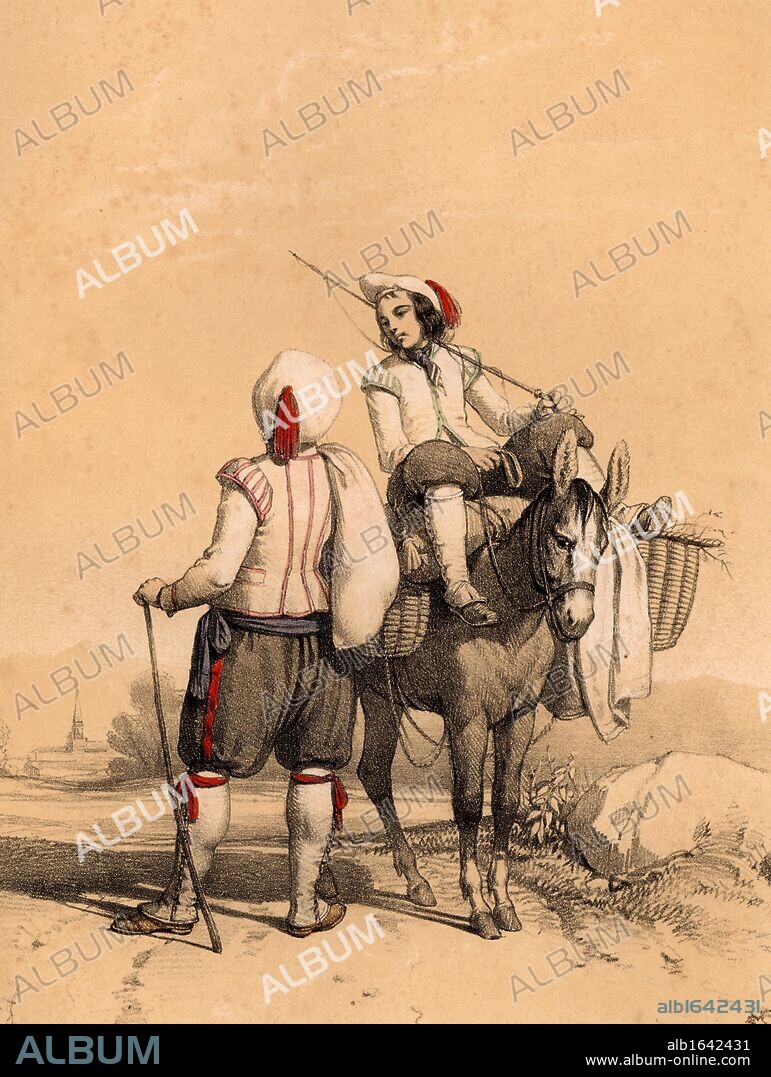 Two men meeting on the road near Tarbes in the French Pyrenees and stopping to talk. Both wear fitted cap-sleeved jackets, knee length breeches and leggings. Tinted lithograph from "Nouvelles Suite de Costumes des Pyrenees" (Paris, c1840).  (Photo by: Universal History Archive/UIG via Getty Images).