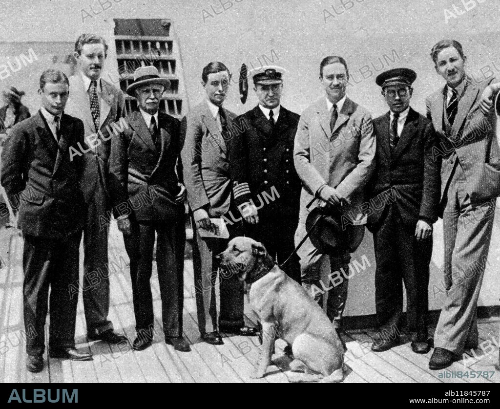 The Search for the Lost explorer, Col. Fawcett : Members of the expedition which sailed for Brazil. An expedition left London on 18th June 1932 under the direction of Mr Robert Churchward to search for Col. P.H. Fawcett, the explorer, who was lost in the jungles of Brazil seven years ago. In the photograph are seen (l to r) Mr W.C. Blunt-Mackenzie, Mr Roger Pettiward, Col P.R. Churchward, Mr Peter Fleming, Mr I de Shoredyke Churchward, Mr Arthur Humphreys, and Mr N.E.V. Skeffington-Smythe. Captain Vernon of the "Andalucia Star" is seen in the centre.