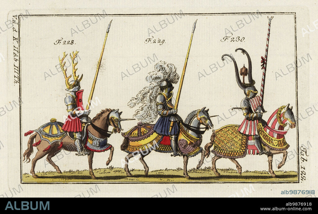 Three mounted knights in armor for particular types of tournament. Knight armed for a course with full arm-armor (garde-bras) with great helm (heaume) with antlers 228, course with round shoulder armor (rouelle) and small shield (targe) 229, and knight in helm with horns for a joust with coronet spear 230. The horses wear barding and caparison. Copied from the Freydal of Maximilian I and the Turnierbuch of Jeremias Schemel, 16th century. Handcolored copperplate engraving from Robert von Spalart's Historical Picture of the Costumes of the Principal People of Antiquity and Middle Ages, Vienna, 1802.