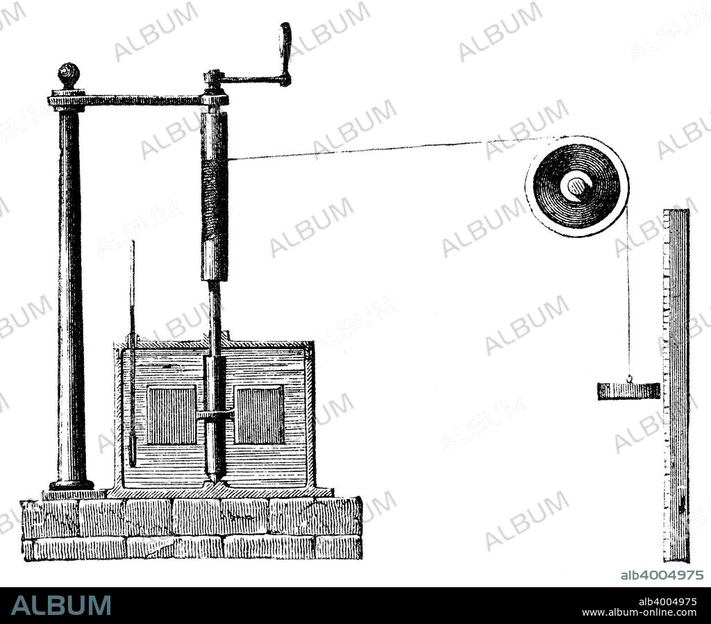 Joule's apparatus for determining the mechanical equivalent of heat, 1872. A vessel of water, oil or mercury encloses vanes attached to a spindle. Cord is wound round the cylinder and drum. The weight descending against the scale rotates the spindle and vanes. Raising and lowering the weight raises the temperature of the fluid. From the rise in temperature and the distance travelled, the energy used can be calculated. British physicist James Prescott Joule (1818-1889) determined the mechanical equivalent of heat. The unit of energy called the joule is named after him.