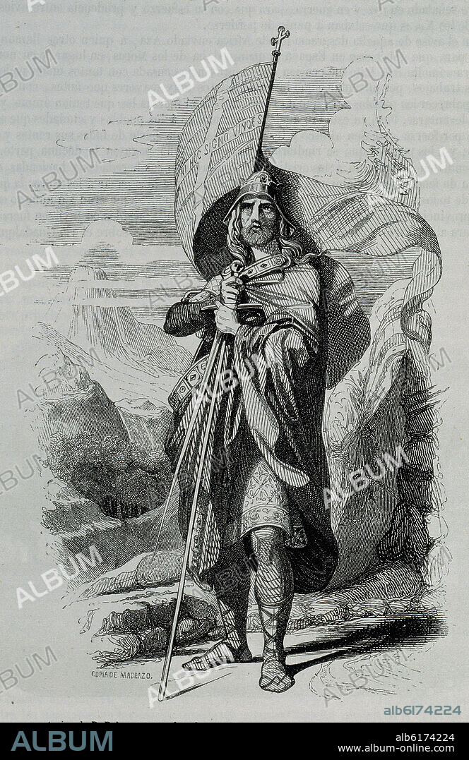 FEDERICO DE MADRAZO Y KUNTZ (1815-1894). LIBRO SEPTIMO-PAGINA 325-GRABADO DE DON PELAYO-FUNDADOR DEL REINO DE ASTURIAS.