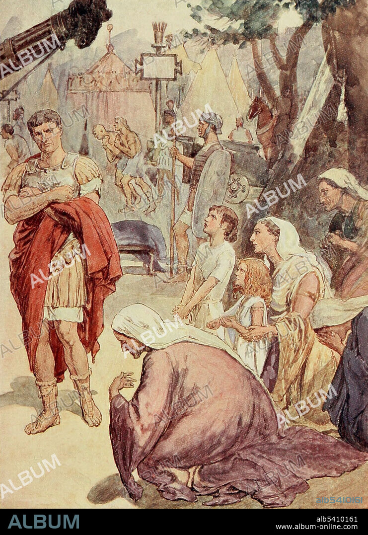 Gaius Marcius Coriolanus was a Roman general who is said to have lived in the 5th century BC. He was exiled from Rome, and led troops of Rome's enemy the Volsci to besiege Rome. Coriolanus' mother Veturia and his wife Volumnia and his two sons, together with the matrons of Rome, went out to the Volscian camp and implored Coriolanus to cease his attack on Rome. Coriolanus was overcome by their pleas, and moved the Volscian camp back from the city, ending the siege. Rome honored the service of these women by the erection of a temple dedicated to Fortuna. Plutarch's Lives for Boys and Girls, 1900 (cropped and cleaned).
