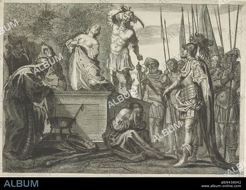 Sacrifice of Polyxena, Metamorphoses of Ovid (series title), Polyxena, the youngest daughter of King Priamus, kneels at the tomb of Achilles. Behind her, Neoptolemus, the son of Achilles, stands with raised sword ready to sacrifice her. In front mourning figures and on the right soldiers, possibly including the Greek captain Agamemnon., print maker: Crispijn van de Passe (II), after drawing by: Antoine Sallaert, (attributed to), publisher: Crispijn van de Passe (II), (attributed to), Brussels, c. 1636 - 1670, paper, engraving, height 164 mm × width 226 mm.