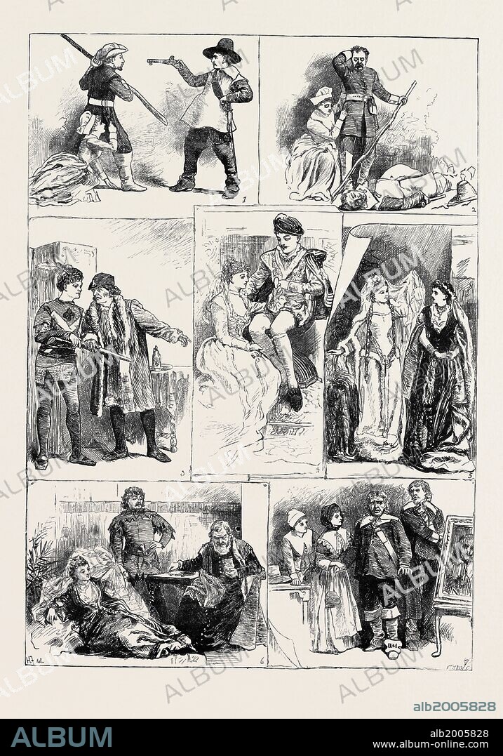 TABLEAUX VIVANTS, FROM SIR WALTER SCOTT'S NOVELS, AT CROMWELL HOUSE, SOUTH KENSINGTON, LONDON, 1880; 1. Woodstock, chap. xxxiv.; 2. Woodstock, chap. xxiv.; 3. Quentin Durward, chap. x.; 4. Kenilworth, chap. vii.; 5. Ivanhoe, chap. xliv.; 6. Ivanhoe, chap. xi.; 7. Woodstock, chap. viii.