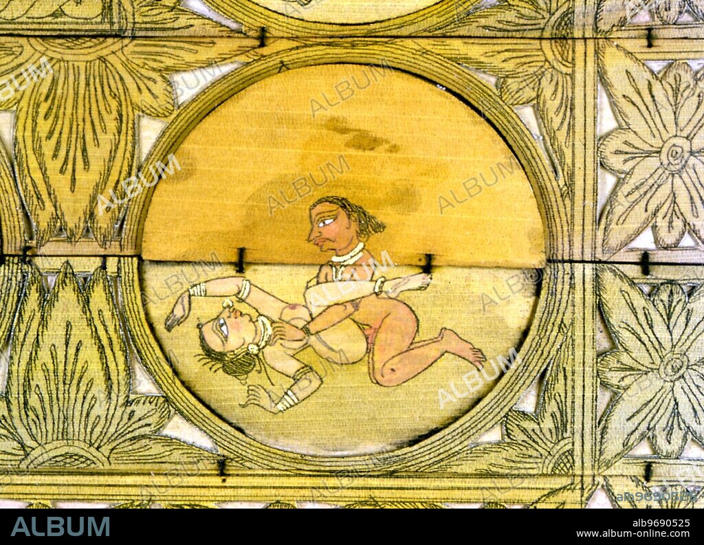 Erotic art - Erotic display from a palmleaf manuscript said to illustrate the Kama Sutra sex manual. Early 19th century (?) Indian from Khajuraho region. - ©Charles Walker / TopFoto.