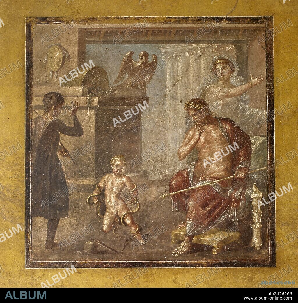 HERCULES (HERACLES griego). Semidiós, hijo de Zeus. A los diez meses de vida estranguló a dos serpientes que se habían acercado a su cuna. Pintura romana con la representación de HERCULES NIÑO MATANDO LAS SERPIENTES. Fresco que decora una de las estancias privadas de la CASA DE LOS VETTI. POMPEYA. ITALIA.