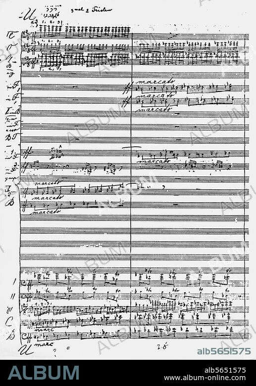 Bruckner, Anton; Komponist; 1824-1896. Werke: Symphonie Nr. 8 c-moll (1. Fassung 1884-87; 2. Fassung 1887-90; UA Wien 1892). - Partiturseite, Abschrift des Originals von unbekannter Hand, eigenhändig revidiert von Anton Bruckner und abschließend datiert, 8. Mai 1889.