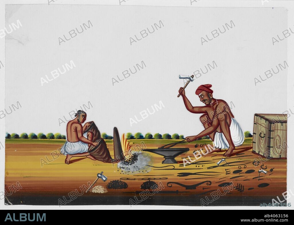 Blacksmith and assistant at work. c.1850. Gouache mica South Indian style|Trichinopoly style. Source: Add.Or.2461.