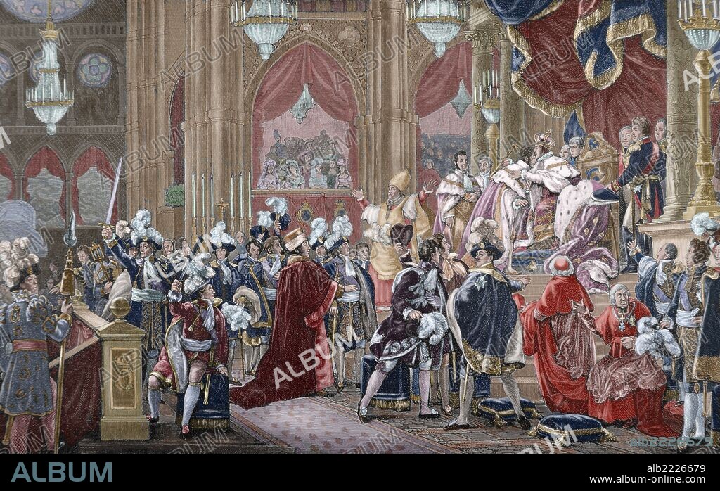 HUGO KAESEBERG. Charles X (1757-1836). King of France and Navarre. Consecration of Charles X of France in the Cathedral of Reims, on May 29, 1825. Engraving by Kaeseberg. History of France, 1881. Colored.