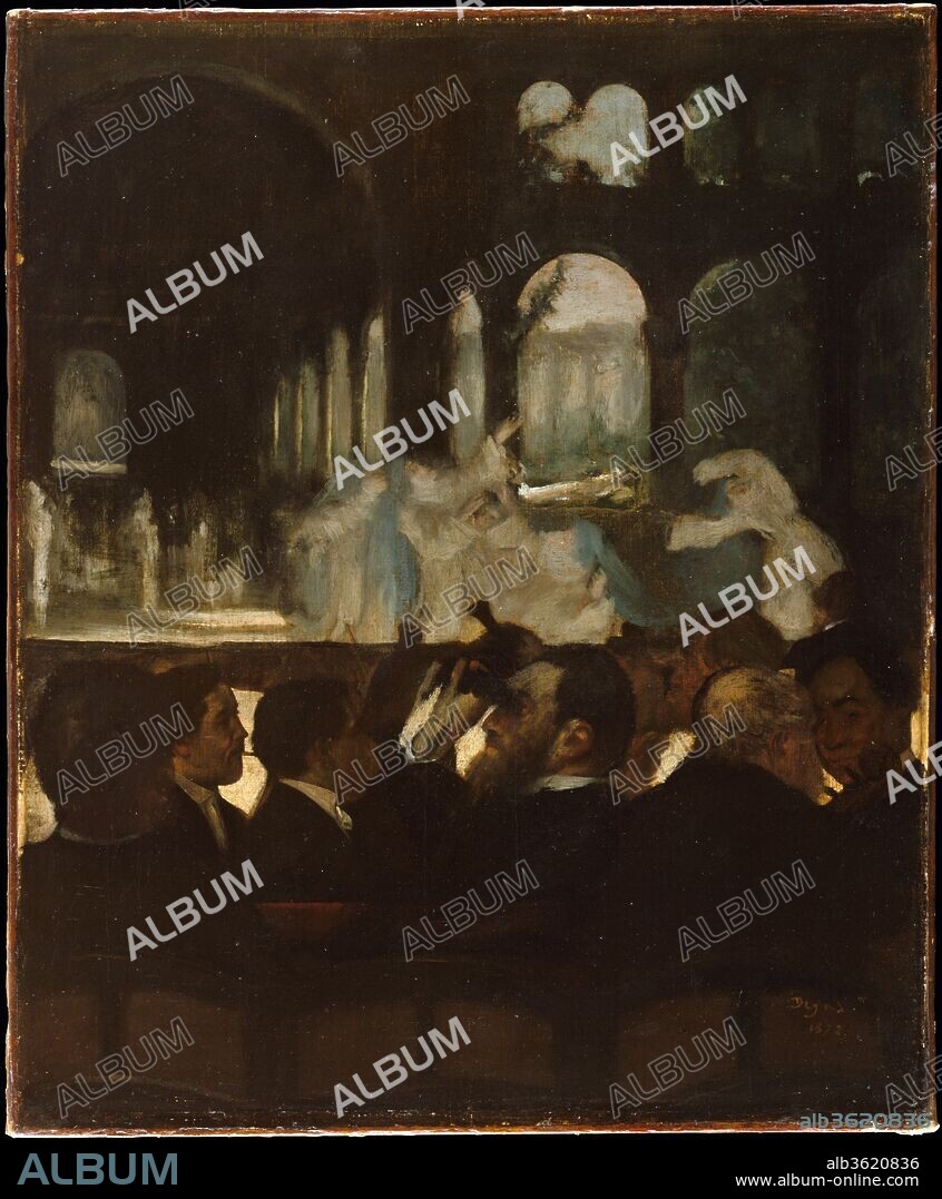 The Ballet from "Robert le Diable". Artist: Edgar Degas (French, Paris 1834-1917 Paris). Dimensions: 26 x 21 3/8 in. (66 x 54.3 cm). Date: 1871.
When Degas made this picture in 1871, Giacomo Meyerbeer's opera <i>Robert le Diable</i> was forty years old and feeling its age--as reflected by the man at center, indifferent to the action and directing his binoculars at the audience. But Degas was fond of the opera, and particularly of the scene depicted here, from the third act, in which nuns arise from the dead and dance seductively amid the ruins of a moonlit monastery. The painting was exhibited in early 1872, the date inscribed on the canvas; Degas later executed a larger version (Victoria and Albert Museum, London) for Jean-Baptiste Faure, who starred in the opera.