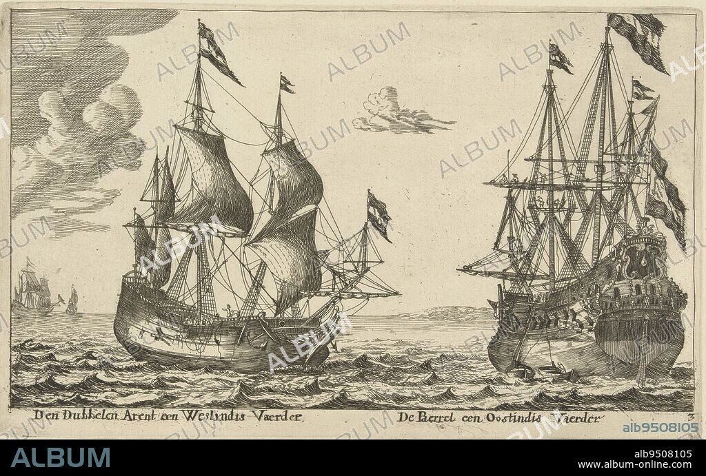 Copy in mirror image. Two merchant ships at sea close to land. On the left De Dubbele Arend, a West Indiaman and on the right De Parel, an East Indiaman, The ships De Parel and De Dubbele Arend Den Dubbelen Arent a Westindis Vaerder, De Paerrel an Oostindis Vaerder (title on object), print maker: anonymous, Reinier Nooms, Netherlands, 1652 - 1714, paper, etching, h 130 mm × w 211 mm.
