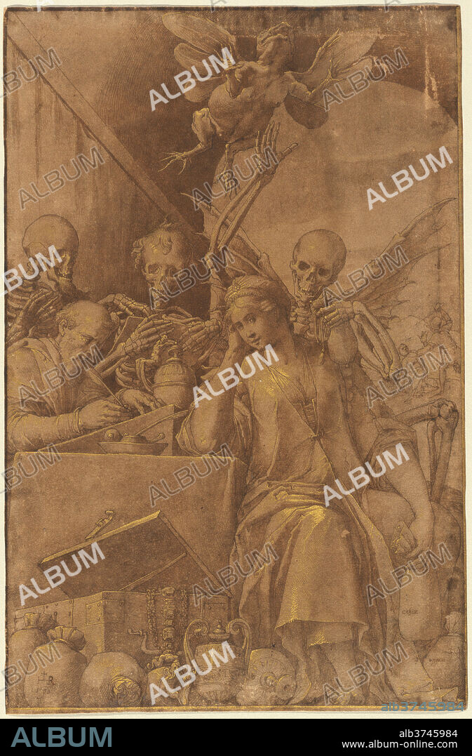 JACOPO LIGOZZI. Avarice. Dated: 1590. Dimensions: overall: 30.6 x 20 cm (12 1/16 x 7 7/8 in.). Medium: pen and brown ink with brown wash heightened with gold on laid paper.