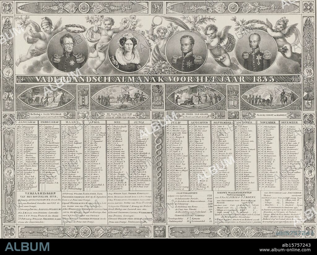 Vaderlandsch Almanak for the year 1833 (title on object), Almank for the year 1833. At the top four portraits of King Willem I and the queen, the Prince of Orange and Prince Frederik. Including four representations of military events from the year 1832., print, print maker: anonymous, printer: Morris Jacob Dessaur, (mentioned on object), print maker: Netherlands, printer: Amsterdam, 1832 - 1833, paper, height, 365 mm × width, 449 mm.