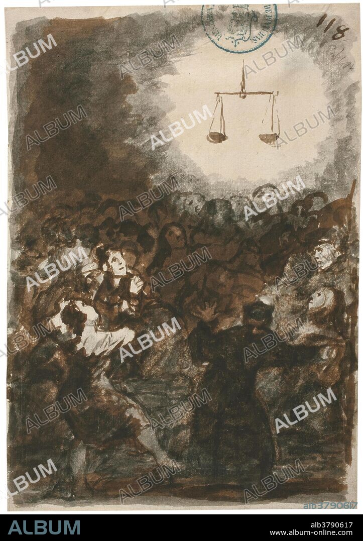 Francisco de Goya y Lucientes / 'No a todos conviene lo justo ( Álbum C, 118)'. 1812 - 1814. Aguada, Pincel, Tinta de hollín, Tinta parda, Trazos de lápiz negro sobre papel verjurado, 205 x 143 mm.