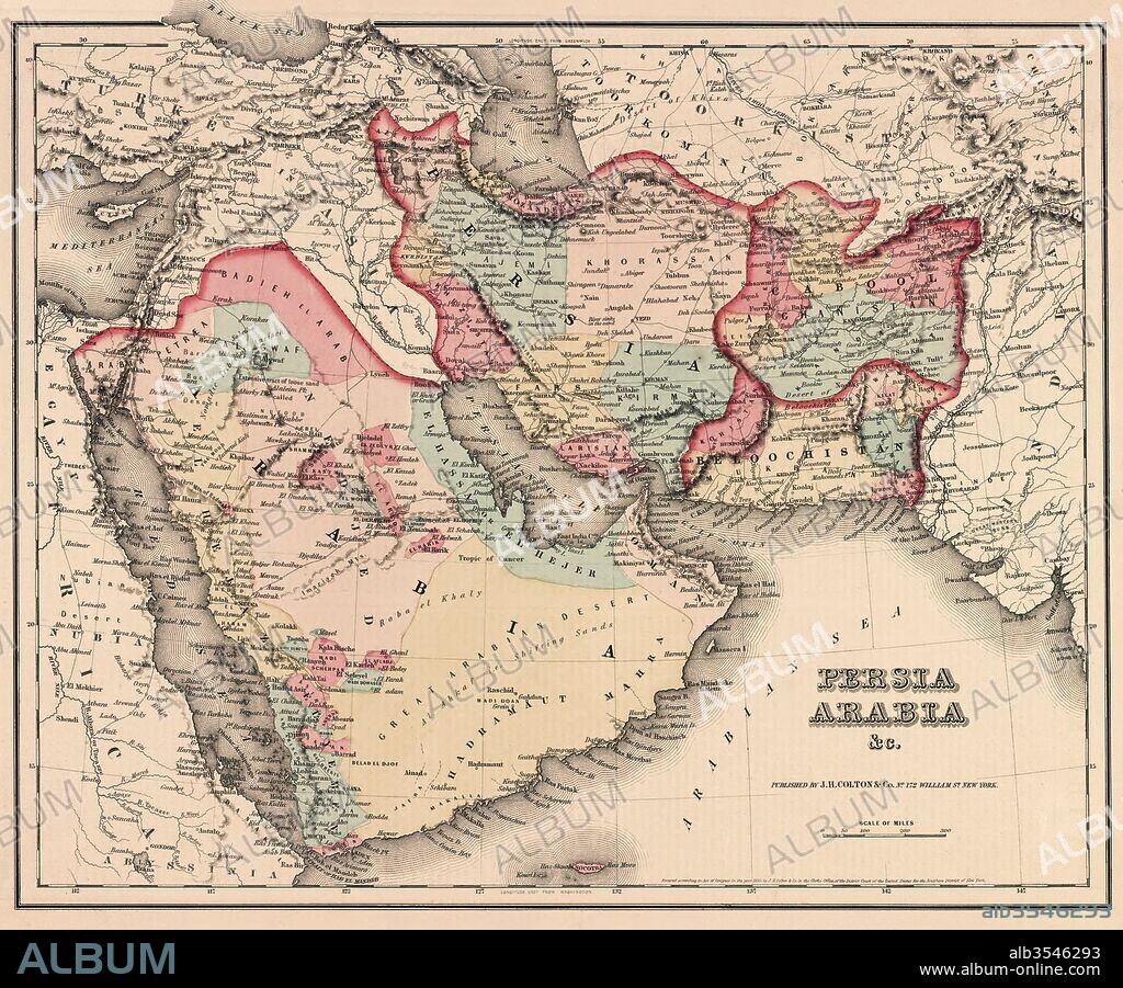 The Middle East in the mid 19th century. Persia, Arabia etc. as it was circa 1850. From Colton's General Atlas, edition of 1857.