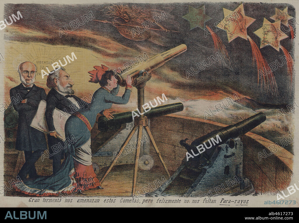 Dibujo satírico político publicado en el periódico El Loro. Política europea. España y Francia pbervan el desarrollo de la Triple Alianza, formada por Alemania, Austria e Italia. Enero de 1881.