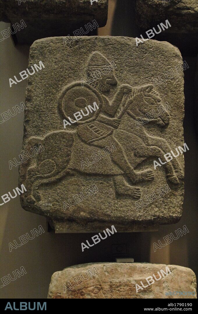 Black basalt relief depicting a soldier on a horse. He was one of the 187 reliefs that decorated the base of the south wall of the Palace of King Kapara. 10th century BC. From Tell Halaf, ancient Guzana. British Museum. London. United Kingdom.