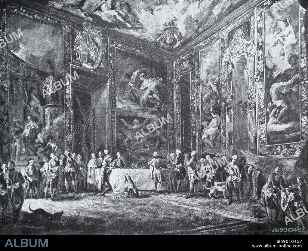 Painting titled 'Carlos III eating before the court' by Luis Paret y Alcazar. Luis Paret y Alcazar (1746-1799) a Spanish painter of the late-Baroque or Rococo period.