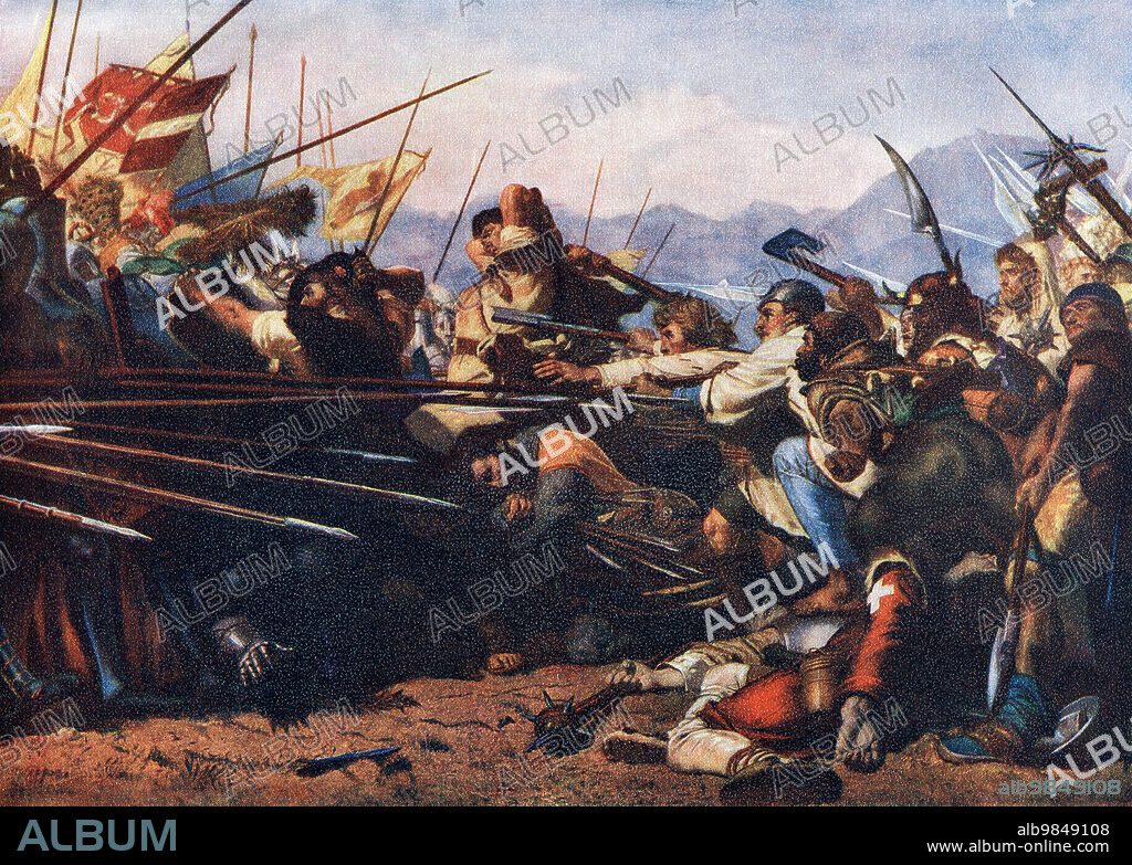 The Battle of Sempach, 9 July 1386, fought between Leopold III, Duke of Austria and the Old Swiss Confederacy. From Hutchinson's History of the Nations, published 1915.