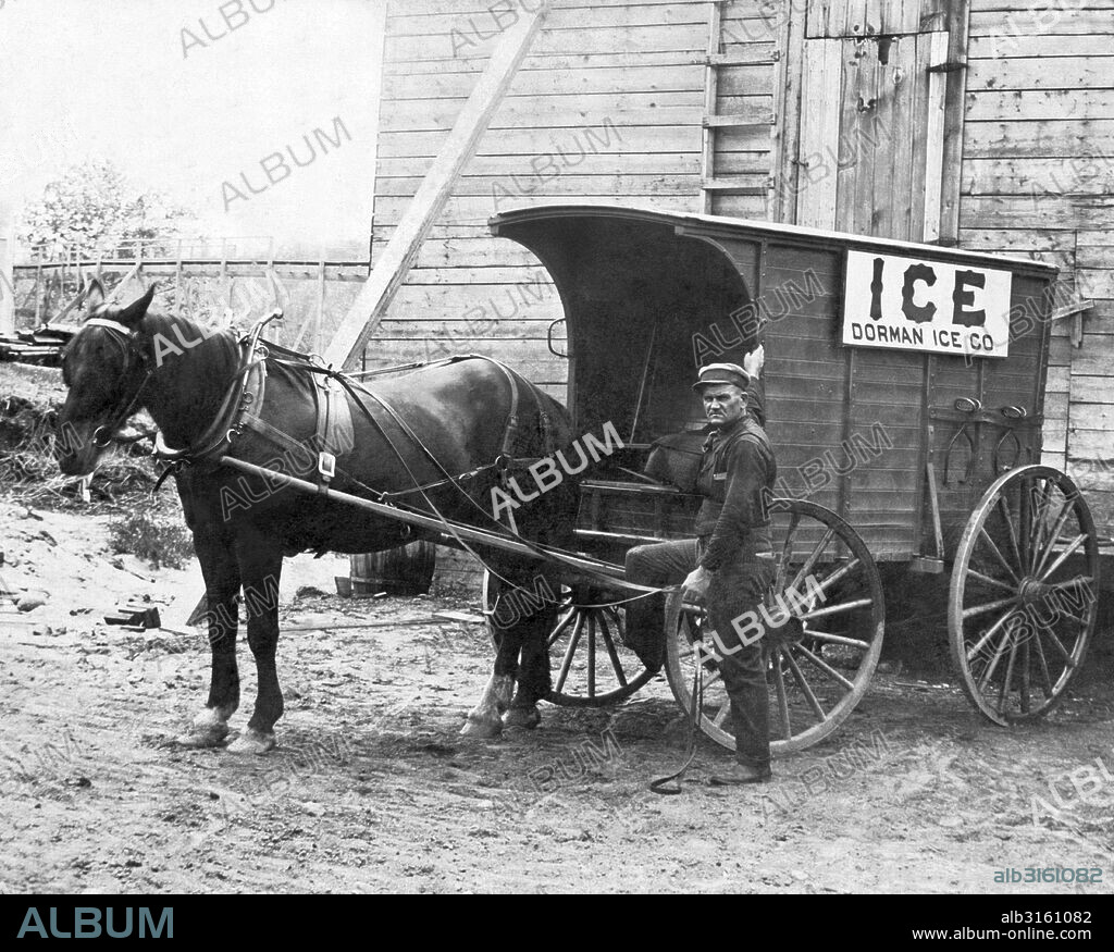 United States: c. 1883 A man with a horse drawn wagon with the sign, 'Dorman Ice Co.'.