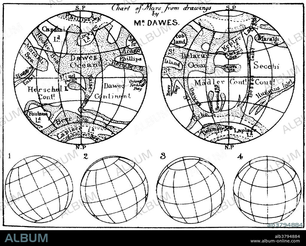 Mars Map, Stereographic Projection. Richard Anthony Proctor (March 23, 1837 - September 12, 1888) was an English astronomer. He is best remembered for having produced one of the earliest maps of Mars in 1867 from 27 drawings by the English observer William Rutter Dawes. Proctor earned a scholarship at St John's College, Cambridge. He graduated in 1860 as 23rd wrangler. He read for the bar, but turned to astronomy and authorship instead, and in 1865 published an article on the Colors of Double Stars. His first book Saturn and its System was published in the same year. The work contained an elaborate account of the phenomena presented by the planet, but although favorably received by astronomers, it had no great sale. He cultivated a more popular style and wrote for a number of periodicals. He became quite popular, and his numerous works had a wide influence in familiarizing the public with the main facts of astronomy. He became a regular contributor to The Intellectual Observer, Chambers Journal and the Popular Science Review. His largest and most ambitious work, Old and New Astronomy, left unfinished at his death, was completed by Arthur Cowper Ranyard and published in 1892. He settled in America some time after his second marriage in 1881, and died of yellow fever in 1888 at the age of 51.