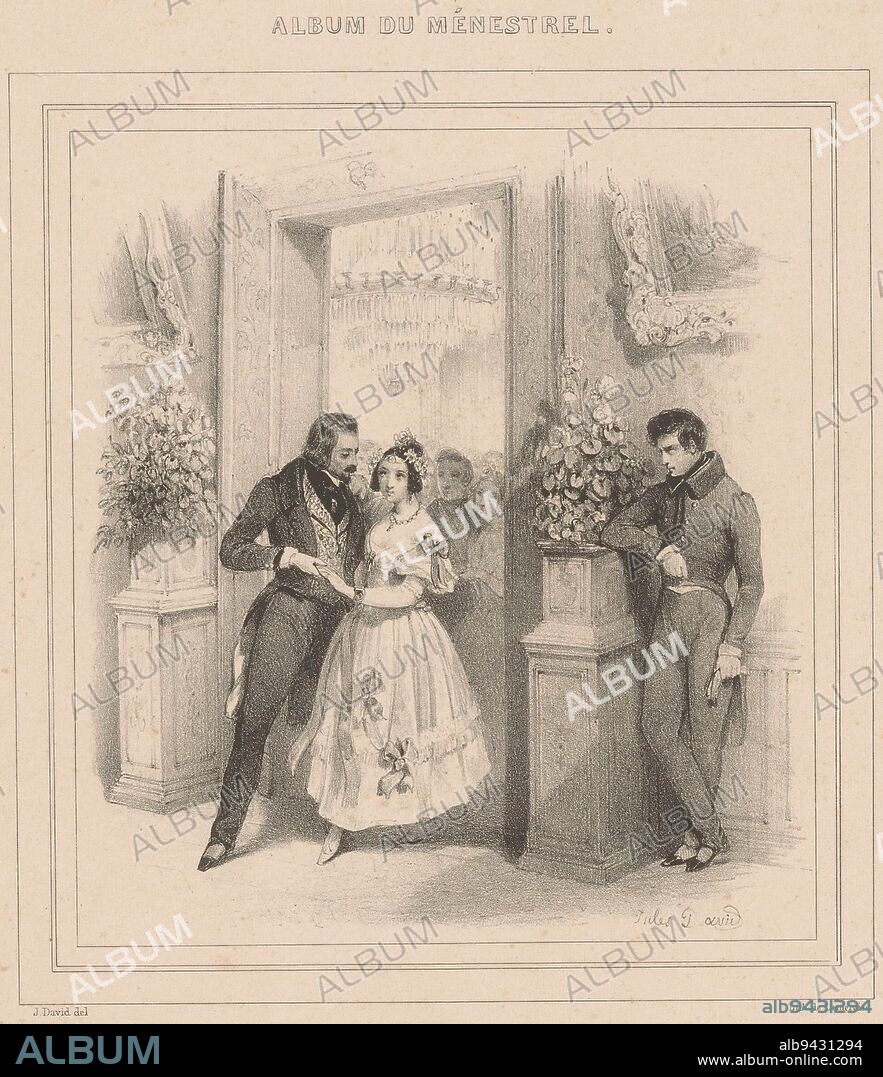 Jealous suitor spies a couple, Jules David (1808-1892), 1835, print maker: Jules David (1808-1892), (mentioned on object), printer: Joseph Rose Lemercier, (mentioned on object), publisher: Henri Jeannin, (mentioned on object), Paris, 1835, paper, h 318 mm - w 246 mm.
