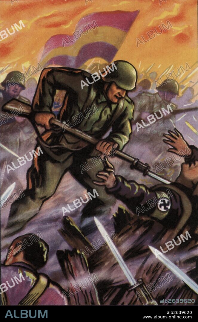 Epopeyas de la guerra civil española (1936-1939). Batalla de Trijueque (Guadalajara) contra las camisas negras italianas. Cromo editado por Almacenes Alemanes en Octubre de 1937.