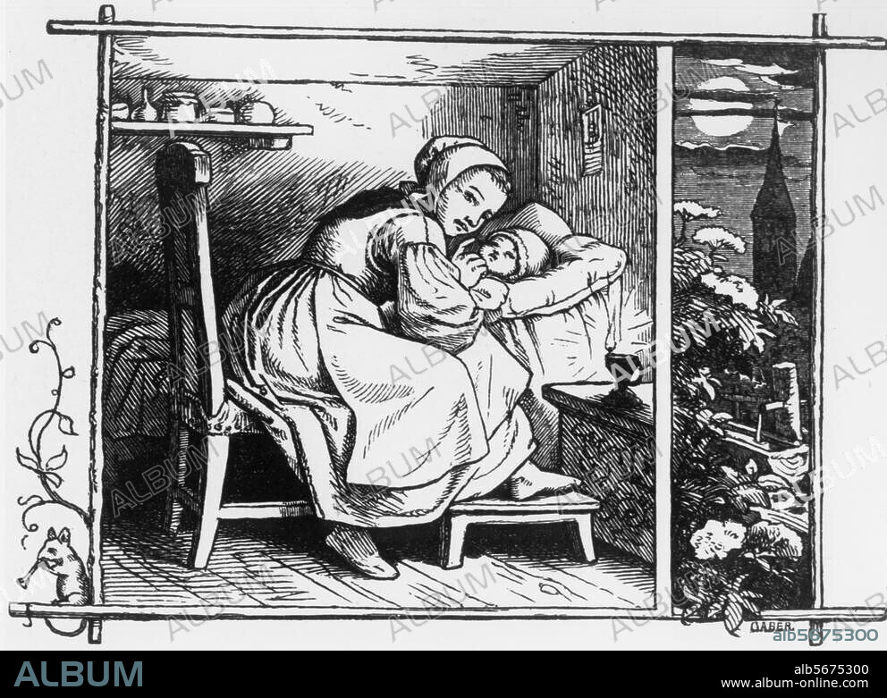 Familie:. Mutter und Kind. "Schlafliedchen". Holzstich nach Zeichnung von Ludwig Richter (1803-1884). Aus: Voer de Goern. Kinderreime alt und neu von Klaus Groth. Leipzig (Georg Wigand) 1858.