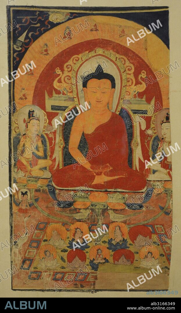 ARTE. Religión budista. Asia. AMITABHA. Buda celestial descrito en el Budismo Mahayana. El más importante Buda de la secta de la Tierra Pura, una rama del Budismo, activa en el Este de Asia. Pieza procende del llamado Imperio Tangut o Imperio Xia Occidental de Xi Xia (antiguo estado en China que existió de 982-1227). Thangka (tapiz) de algodón pintado. Museo del Hermitage (The State Hermitage Museum). San Petersburgo. Rusia.