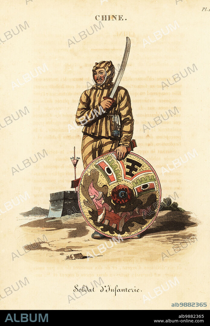 Chinese Tiger of War or Infantry soldier, 18th century. In striped uniform with ears on hood, scimitar, wicker-work shield. In the background a military post with Imperial yellow flag. Soldat d'infanterie. Handcoloured copperplate engraving after an illustration by William Alexander from J-B. Eyries La Chine: Costumes, Moeurs et Usages des Chinois, China: Costumes, Manners and Mores of the Chinese, Librairie de Gide Fils, Paris, 1822. Jean-Baptiste Eyries (1767-1846) was a French geographer, author and translator.