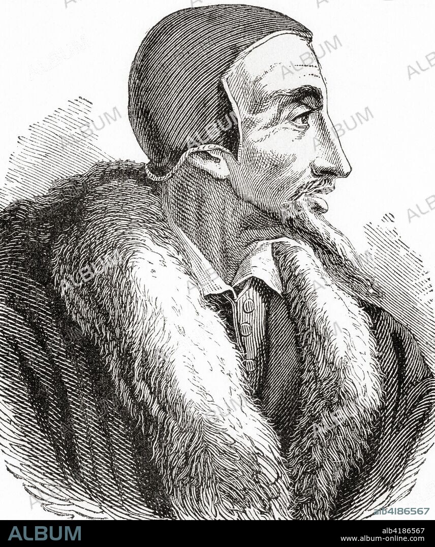 John Calvin, born Jehan Cauvin, 1509 - 1564.  French theologian, pastor and reformer in Geneva during the Protestant Reformation.  From Ward and Lock's Illustrated History of the World, published c.1882.