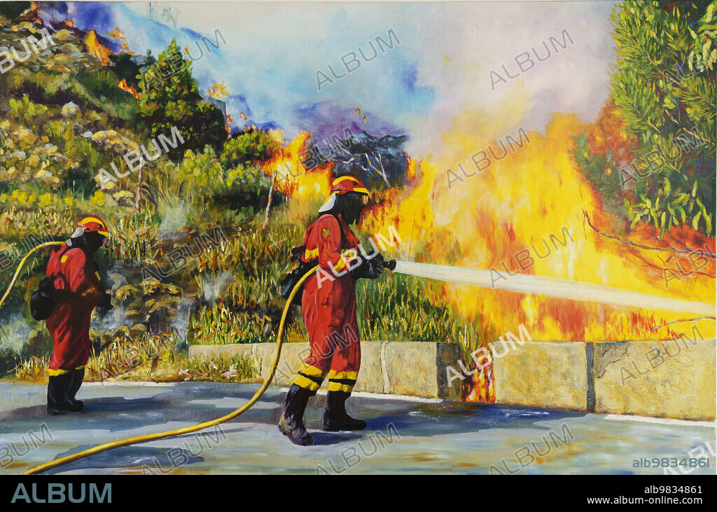 Ubi Dolor, Ibi Vigiles, army fire brigade putting out a fire, oil on canvas, Pedro Mesquida Gaya, Majorca, Balearic Islands, Spain.